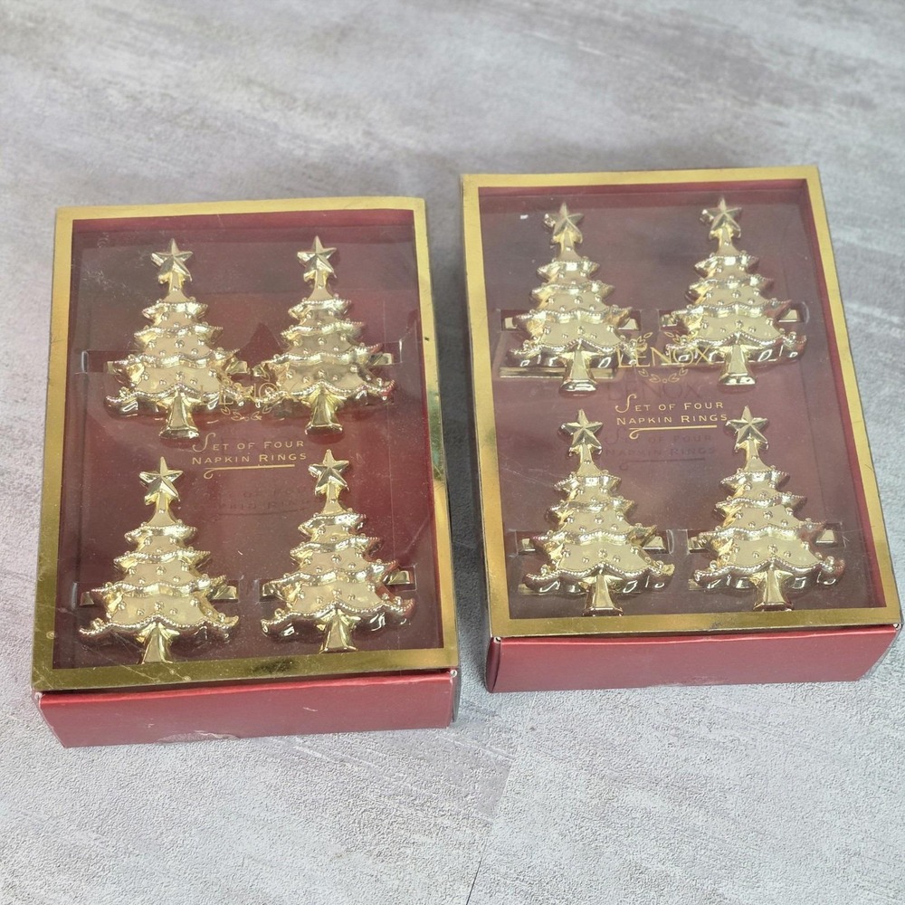 Lenox Holiday Gold Tone Christmas Tree Napkin Rings Total 8 Rings (2 Boxes)